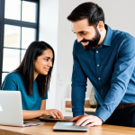 A diverse, modern couple in their 30s, both fully clothed in modest, smart-casual attire, are in a brightly lit, contemporary open-plan living space. One partner is focused on a laptop at a sleek wooden table, while the other is respectfully helping with a small household task in the background, like watering a plant or tidying up. The scene conveys a sense of mutual support and shared responsibility, depicting the practical, beautiful reality of a modern partnership. The atmosphere is calm and respectful. Professional photography, perfect anatomy, correct proportions, natural pose, well-formed hands, proper finger count, natural body proportions, safe for work, appropriate content, family-friendly.