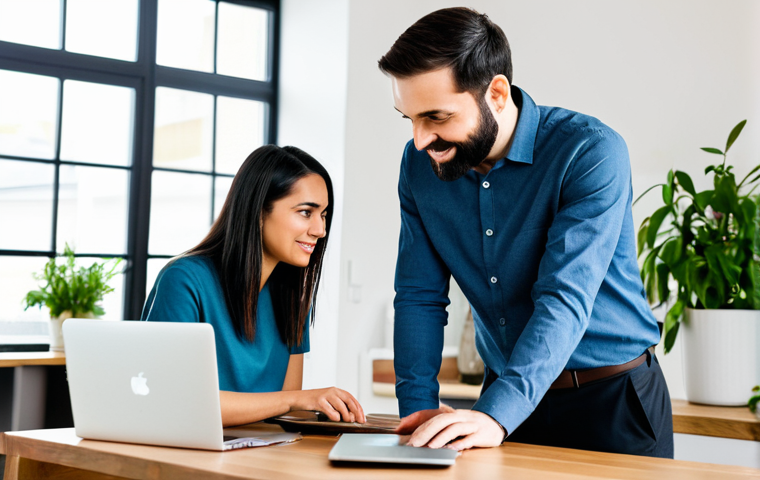 A diverse, modern couple in their 30s, both fully clothed in modest, smart-casual attire, are in a brightly lit, contemporary open-plan living space. One partner is focused on a laptop at a sleek wooden table, while the other is respectfully helping with a small household task in the background, like watering a plant or tidying up. The scene conveys a sense of mutual support and shared responsibility, depicting the practical, beautiful reality of a modern partnership. The atmosphere is calm and respectful. Professional photography, perfect anatomy, correct proportions, natural pose, well-formed hands, proper finger count, natural body proportions, safe for work, appropriate content, family-friendly.