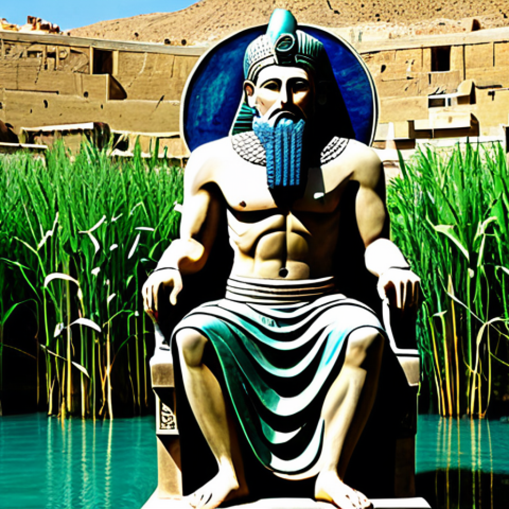 Enki, the Wise God**

"A majestic depiction of Enki, the Sumerian god of wisdom and fresh water, seated upon a throne crafted from reeds, wearing flowing robes of deep blue and green, holding a vessel from which clear water flows, irrigating a lush garden. Background shows the Euphrates river and a thriving Sumerian city. Perfect anatomy, correct proportions, well-formed hands, proper finger count, natural pose, professional digital art, safe for work, appropriate content, fully clothed, professional, family-friendly."

**