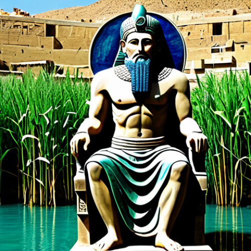 Enki, the Wise God**

"A majestic depiction of Enki, the Sumerian god of wisdom and fresh water, seated upon a throne crafted from reeds, wearing flowing robes of deep blue and green, holding a vessel from which clear water flows, irrigating a lush garden. Background shows the Euphrates river and a thriving Sumerian city. Perfect anatomy, correct proportions, well-formed hands, proper finger count, natural pose, professional digital art, safe for work, appropriate content, fully clothed, professional, family-friendly."

**