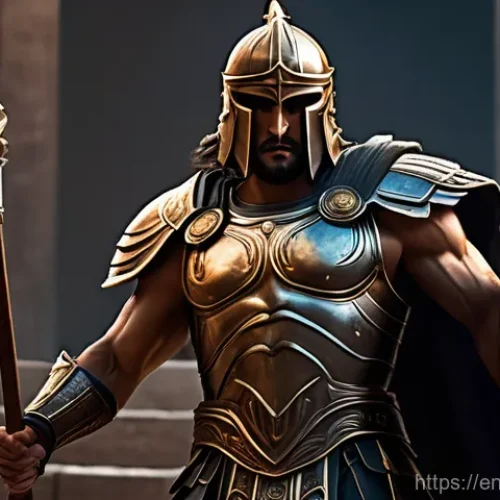 아레스와 전쟁 신화 - **Prompt:** A powerful, muscular figure, embodying the ancient Greek god Ares, stands amidst a styli...