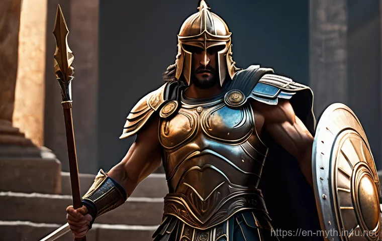 아레스와 전쟁 신화 - **Prompt:** A powerful, muscular figure, embodying the ancient Greek god Ares, stands amidst a styli...