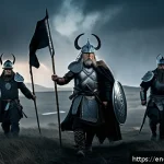 오딘과 위대한 전쟁 - A dramatic Norse battlefield scene at dawn, with fierce warriors clad in detailed armor and helmets ...