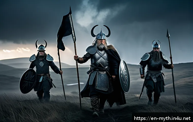 오딘과 위대한 전쟁 - A dramatic Norse battlefield scene at dawn, with fierce warriors clad in detailed armor and helmets ...