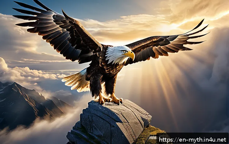 제우스와 가니메데스 신화 - A majestic scene depicting Zeus transformed into a powerful eagle mid-flight, clutching the youthful...