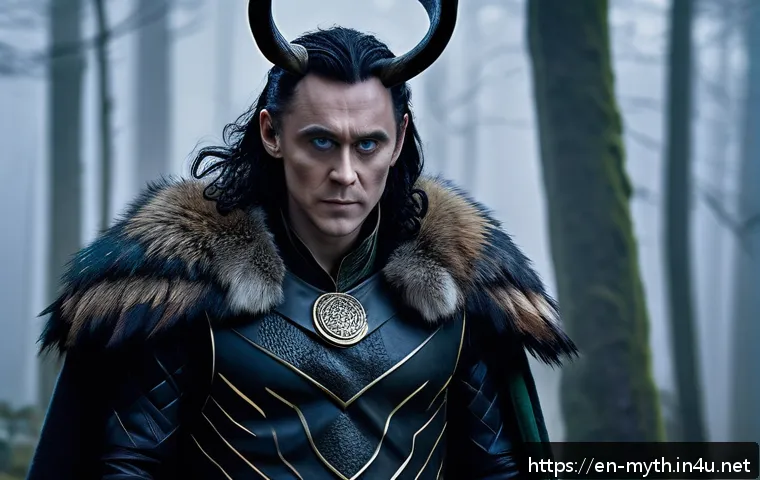 로키와 장난꾸러기 신 - A detailed portrait of mythological Loki standing in a misty Nordic forest at twilight, embodying hi...