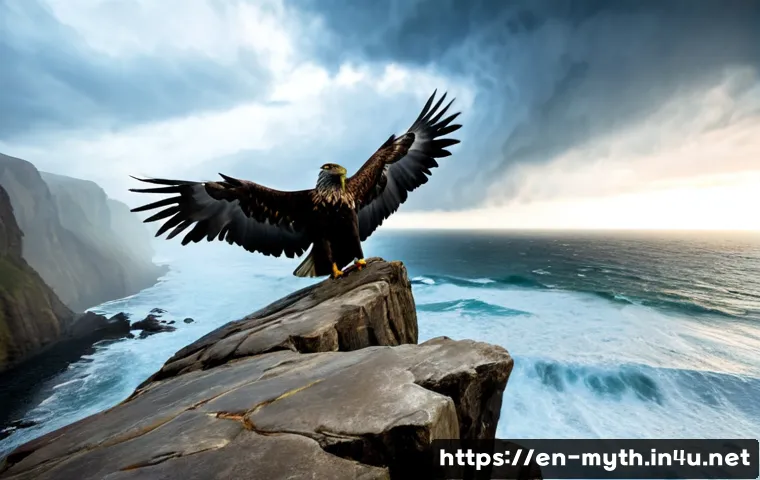 하르피이와 바람의 요괴 - Photorealistic fantasy scene of a majestic harpy perched on a weathered seaside cliff, powerful eagl...